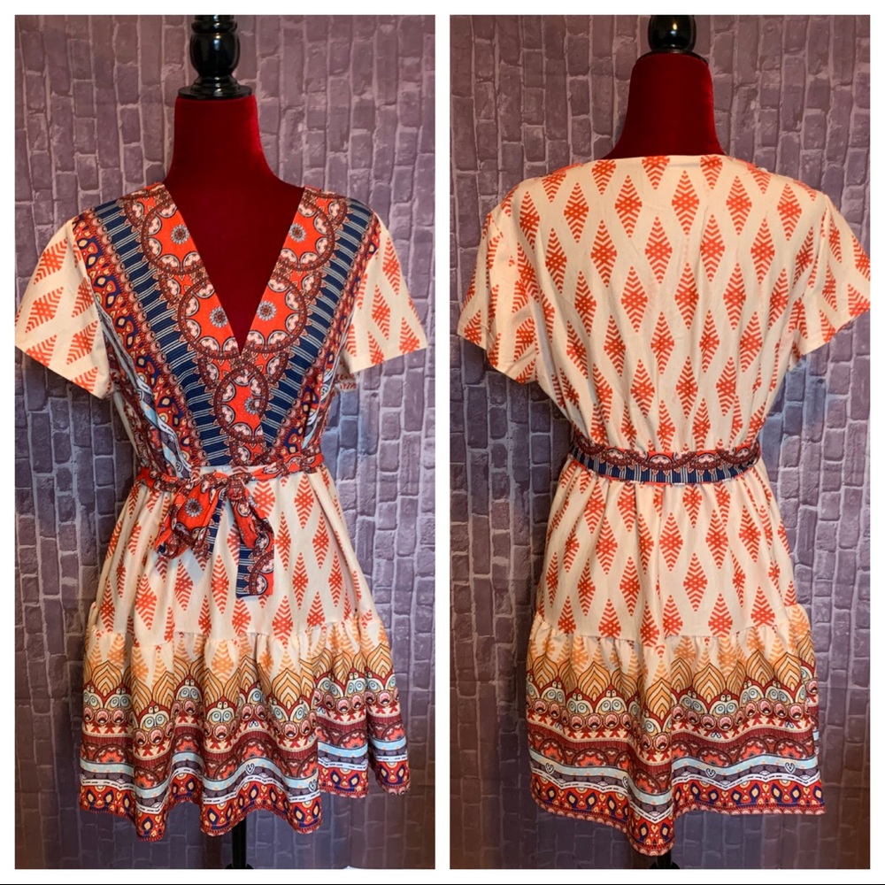 Boutique Boho Print Faux Wrap A-Line Dress